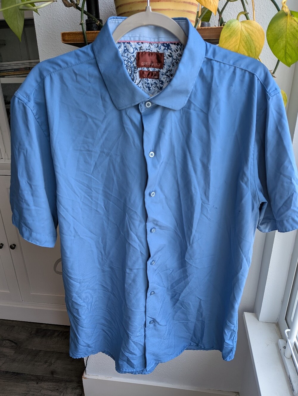 Consequence Mens XL Slim Fit Slate Blue Button Down Shirt Paisley Trim